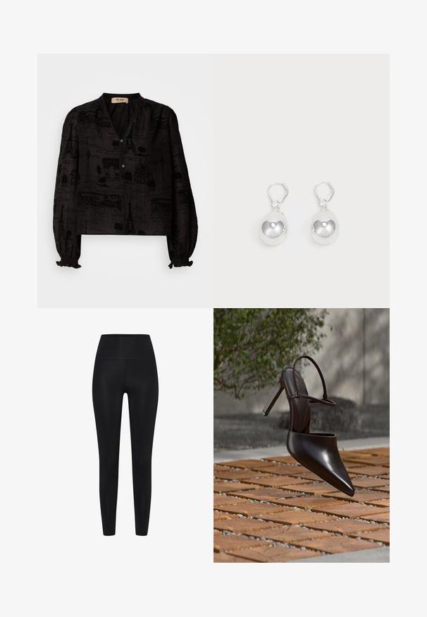 Mos Mosh TALE LIGHT BLOUSE - Hemdbluse - black; Schwarze Leggings aus dehnbarem Stoff. Hohe Taillenhöhe, glatte Textur, körpernahe Silhouette, keine sichtbaren Muster oder Verzierungen.; Glänzender schwarzer Mule mit hohem Absatz, spitzer Zehenpartie und Knöchelriemen, schwebend über einer Oberfläche aus terrakottafarbenen Fliesen mit Kieslücken.; Silberne Tropfenohrringe mit glatten, runden, reflektierenden Oberflächen, die an Hakenverschlüssen hängen. Der Hintergrund ist reinweiß.