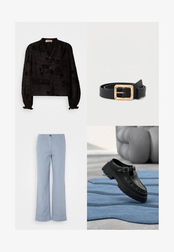 Mos Mosh TALE LIGHT BLOUSE - Overhemdblouse - black; Lichtblauwe linnen broek met rechte pijpen, knoopsluiting en opgerolde zoom. Glad textuur, ontworpen voor casual gebruik.; Zwarte leren loafer met dikke grof profielzool en zilveren gesp, schuin geplaatst op een gestructureerd blauw vloerkleed.; Zwarte leren riem met een glanzende gouden vierkante gesp, keurig opgerold op een effen witte achtergrond.
