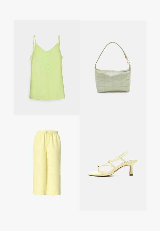 Vero Moda Tall VMQUEENY SINGLET NECK TOP - Μπλούζα - sharp green; Ανοιχτά κίτρινο παντελόνι με υφή, φαρδιά γραμμή, με ελαστική μέση και κορδόνι στο μπροστινό μέρος.; Κίτρινο πέδιλο με λουράκια και ρυθμιζόμενο αγκράφα, με λεπτή, μεσαίου ύψους φιάπα, σε λευκό φόντο.; Πληρωμένη πράσινη τσάντα ώμου με μαλακή υφή, ορθογώνιο σχήμα, μονή ιμάντα και χρυσή φερμουάρ κλείσιμο. Διαθέτει ραμμένο σχέδιο.