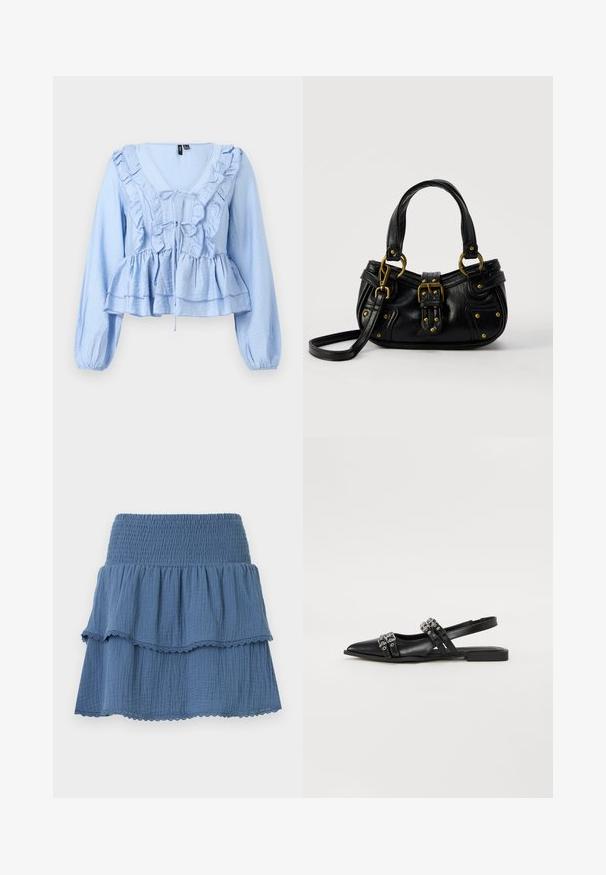 Blouse bleu clair à manches longues avec col en V volanté, fermeture par lien à l'avant, bas à basque et poignets élastiqués froncés.; Jupe à volants bleue avec taille smockée élastique et bordure en dentelle sur des couches de tissu texturé.; Even&Odd Ballerines à brides arrière - black; Sac à main en cuir noir avec boucle dorée et détails à rivets, poignées courtes et bandoulière réglable sur fond blanc uni.