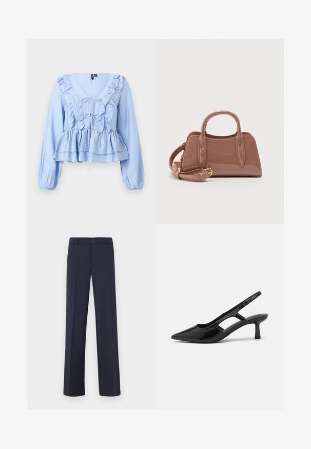 Svetlomodrá blúzka s dlhými rukávmi, volánikový výstrih do V, zapínanie na zaväzovanie vpredu, peplum lem a elastické manžety so záhybmi.; Námornícky modré, rovné nohavice vyrobené z hladkej textílie. Umožňujú zapínanie na prednom gombíku a majú bočné vrecká. Jednoduchý a moderný dizajn.; Čierne slingback podpätky s špicatou špičkou, vyrobené z lesklého materiálu, s akcentmi na výrezy a s miernym podpätkom pre podporu.; Lesklá kabelka ružovej farby s dvoma hornými rúčkami, odnímateľným ramenným popruhom a ozdobnými švami. Kompaktný, štruktúrovaný tvar.