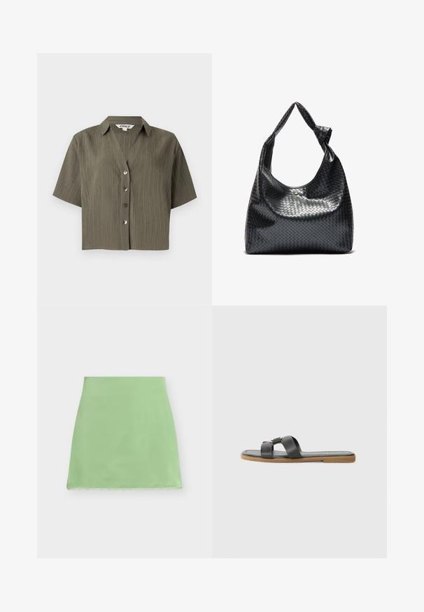 Chemise texturée vert olive à manches courtes, col et quatre boutons sur le devant, étiquette "ONLY" à l'intérieur de l'encolure.; Jupe longue jusqu'aux genoux de couleur vert clair, coupe droite avec une fine bordure en dentelle au bas, sur fond blanc.; Sandales à plateforme noires à lanières croisées en cuir, avec une petite boucle décorative et une semelle en caoutchouc beige au fini texturé.; Sac à main en cuir tissé noir au design décontracté, avec une sangle nouée et une petite clou doré décoratif en haut.