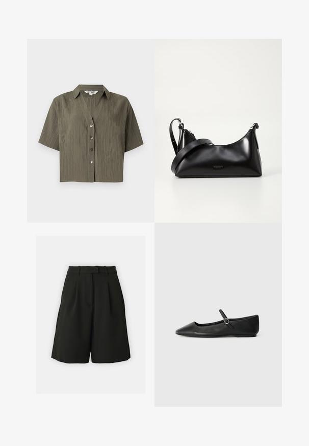 Korte mouw olijfgroen gestructureerd overhemd met kraag en vier knopen aan de voorkant, gelabeld "ONLY" binnenin de halslijn.; Vero Moda Tall VMBECCA BERMUDA - Shorts - black; Zwarte leren ballerina's met een spitze neus, platte zool en een kleine gespsluiting rond de enkel voor een veilige pasvorm.; Zwarte leren handtas met een gladde textuur. Beschikt over een verstelbare schouderband en een strak, minimalistisch ontwerp met een ritssluiting.