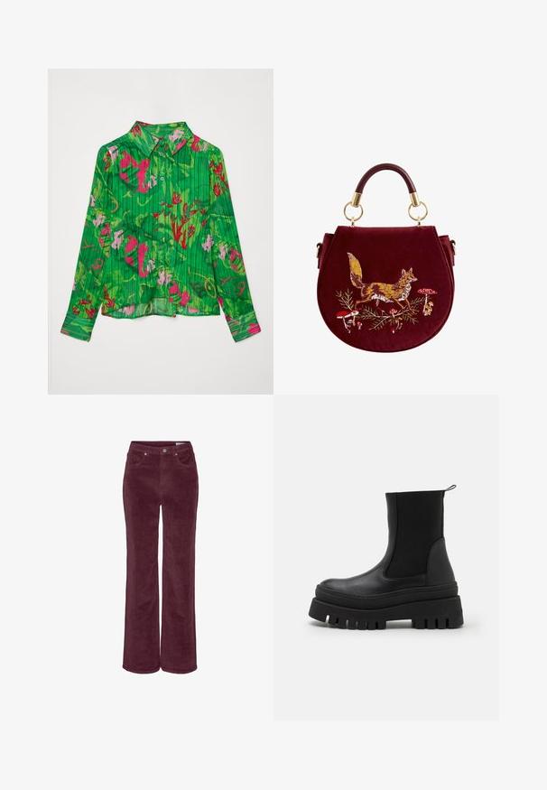 Camisa verde de botones con patrones florales en rosa y rojo. Presenta un cuello con solapa y mangas largas con un dobladillo recto. Tejido texturizado.; Pantalones de pana con diseño de pierna ancha, en un color burdeos intenso. Presentan bolsillos delanteros y trabillas para cinturón, con un acabado de tela texturizada.; Botas negras hasta el tobillo con un upper de piel lisa, paneles laterales elásticos y una suela de goma gruesa con surcos profundos para mejor tracción.; Bolso redondo burdeos con un asa curvada, que presenta bordados de un zorro caminando entre champiñones rojos y blancos y follaje verde.