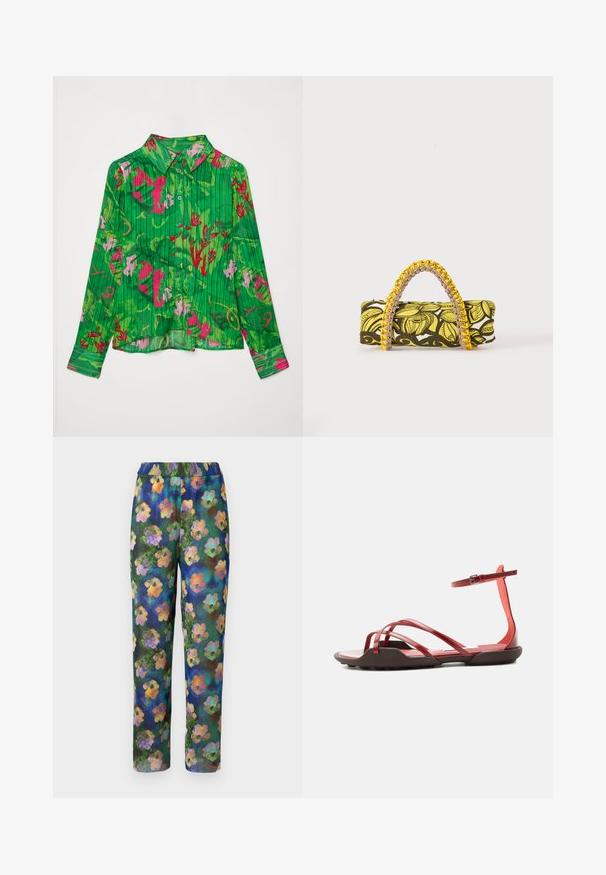 Camisa verde de botones con patrones florales en rosa y rojo. Presenta un cuello con solapa y mangas largas con un dobladillo recto. Tejido texturizado.; Pantalones de estampado floral con textura acanalada, cinturilla elástica y un fondo verde y azul con patrones de flores coloridos en toda la prenda.; Sandalia plana roja con múltiples tiras finas, hebilla en el tobillo y una suela marrón ligeramente elevada sobre un fondo claro y sencillo.; Bolsa rectangular con patrón floral en amarillo y negro y asa trenzada amarilla y rosa sobre fondo blanco.