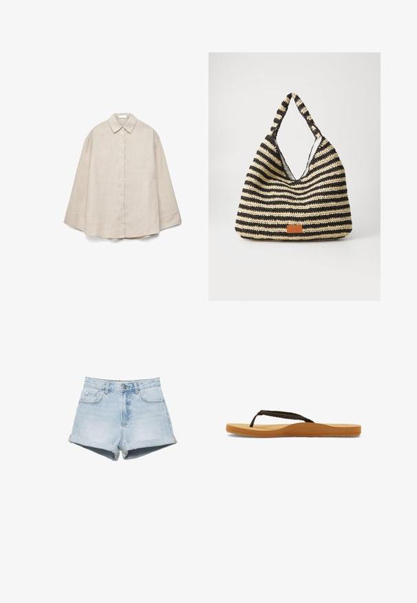 Beige langærmet skjorte med knapper foran, spidse kraver og løs pasform, vist fladt på hvid baggrund.; Lyseblå jeansshorts med optrukne kanter, forreste knaplukning, bæltestropper og forlommer på en hvid baggrund.; Brune flettede rem flip-flop med en blød sål og tan fodseng, der har et afrundet design og struktureret gummisål for godt greb.; Stribet vævet taske i sort og beige, med et slouchy design, tekstureret overflade og et lille lædermærke.