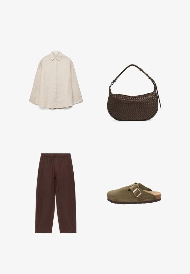 Beige langærmet skjorte med knapper foran, spidse kraver og løs pasform, vist fladt på hvid baggrund.; Brune vidde bukser med elastisk talje, ankellange, lavet af letvægtsstof, vist fladt på en hvid baggrund.; Grøn ruskindsklump med en bred rem og metalspænde, korksål og gummiydersål. Har et lille ventilationshul på overdelen.; Vævet brunt læder håndtaske med en buet form og en enkelt skulderrem. Har et struktureret, flettet mønster. Lynlåslukning øverst.
