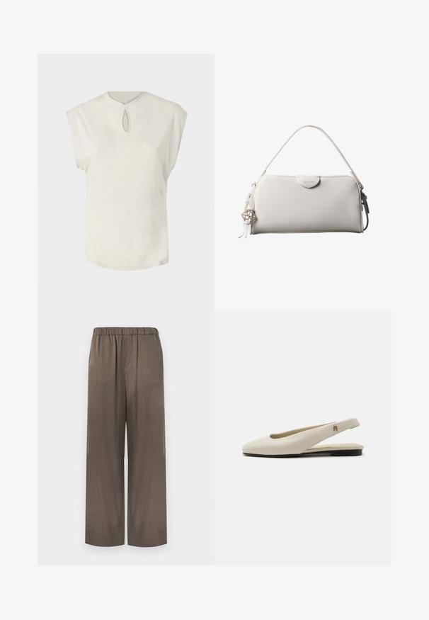 Haut blanc à manches courtes avec un col rond et un petit détail en forme de clé à l'avant. Texture lisse, coupe décontractée et ourlet légèrement arrondi.; Pantalon à jambes larges de couleur marron douce, avec une texture douce, une ceinture élastique et sans poches visibles. Tissu lisse avec un léger éclat subtil.; Chaussure plate slingback en cuir couleur crème avec un bout arrondi et un petit emblème doré sur la bride.; Sac à main rectangulaire blanc Calvin Klein avec une seule poignée, design minimaliste et pampilles décoratives avec un charm métallique géométrique sur le côté.