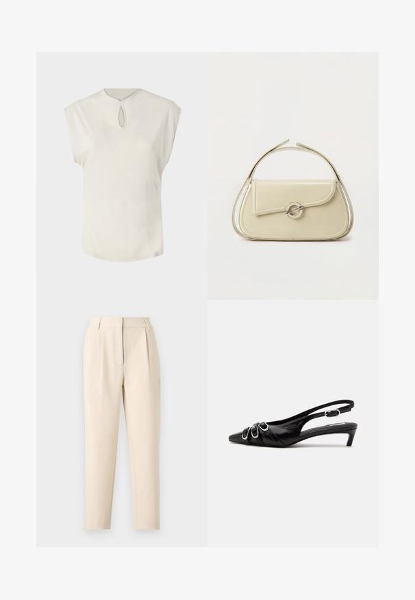 Top blanco de manga corta con un escote redondo y un pequeño detalle en forma de ojal en la parte delantera. Textura suave, corte relajado y dobladillo ligeramente curvado.; Pantalones beige a medida con corte recto, que presentan pliegues en la parte delantera y un acabado suave. La tela parece ligera y texturizada.; Zapato slingback de cuero negro con punta puntiaguda, tres hebillas plateadas en la parte delantera y tacón bajo tipo «kitten» sobre fondo blanco.; Bolso de mano de cuero beige con solapa curva, cierre circular plateado y asa corta superior sobre un fondo blanco liso.