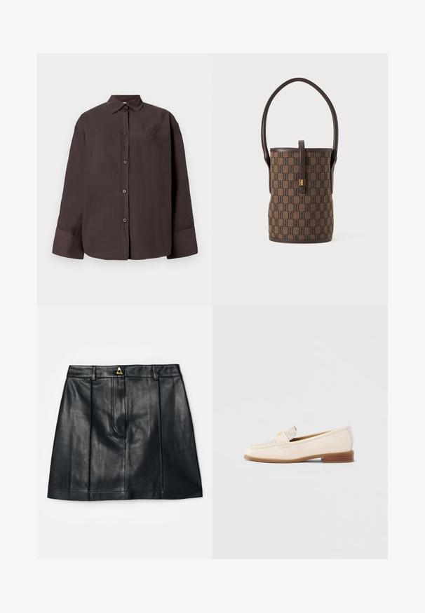 Chemise boutonnée marron foncé en tissu doux, dotée d'un col classique, de manches longues et de détails brodés discrets.; AERON RUDENS SKIRT - Jupe trapèze - black; Mocassin en cuir beige avec dessus texturé, bride décorative et petit talon. Présente un design minimaliste et un détail de logo subtil.; Sac seau marron avec motif géométrique foncé, garniture en cuir foncé, une seule anse supérieure et fermoir à clapet doré sur la sangle avant.
