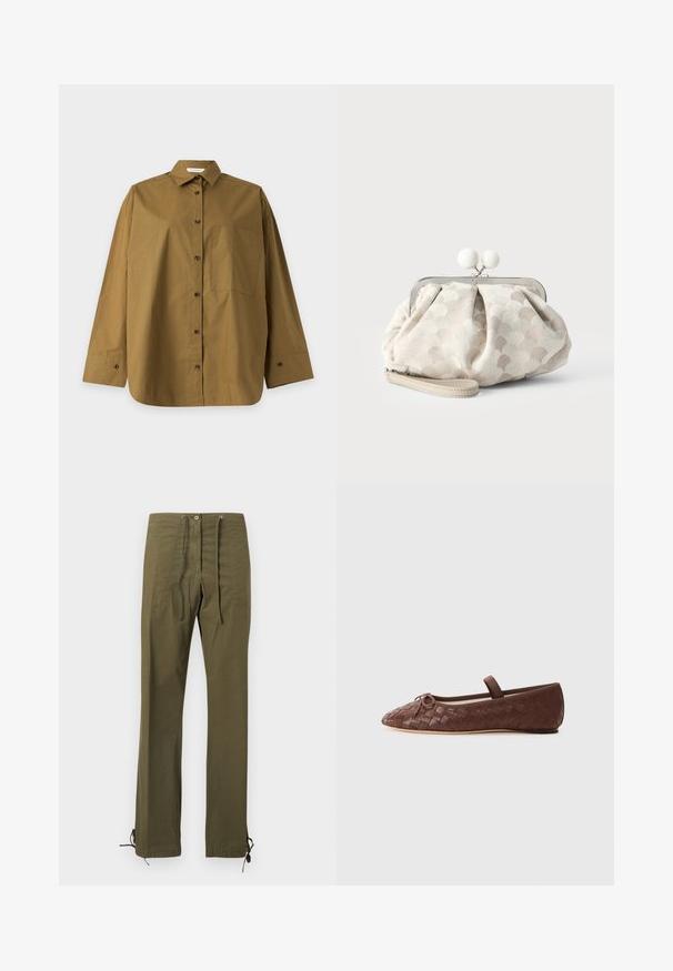 Chemise marron à manches longues boutonnée avec col et poche poitrine, présentée à plat sur un fond gris clair.; Pantalon en coton vert olive à coupe décontractée, avec plis à l'avant, taille à cordon de serrage et liens ajustables aux ourlets pour personnalisation.; Ballerine en cuir tressé marron avec un bout rond, un petit nœud décoratif et une sangle élastique autour de la cheville pour un maintien sécurisé.; Petit sac pochette beige avec tissu texturé à pois, cadre argenté, fermoir rond blanc et bracelet de poignet amovible sur fond uni.