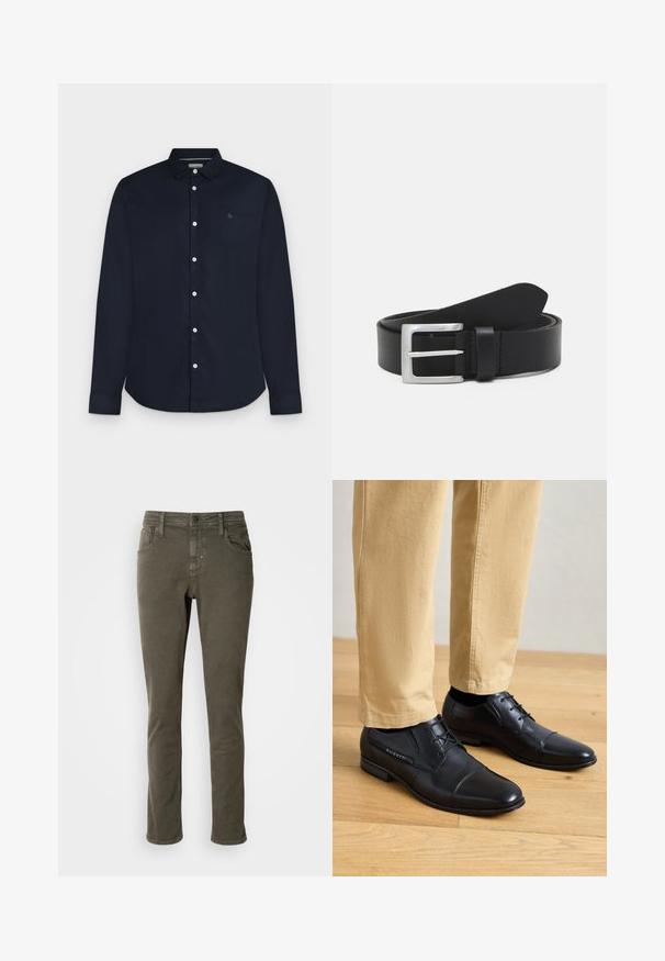 Pánska dlhá tmavomodrá košeľa s golierom a bielymi gombíkmi, zobrazená na svetlosivom pozadí.; Antony Morato KURT COMFORT - Džínsy tapered fit - dark olive; Čierne kožené šaty topánky s hladkým povrchom, s zaoblenou špičkou, šnurovacím dizajnom a jemným logom na boku, v kombinácii s khaki nohavicami.; Čierny kožený opasok s hladkým povrchom, striebornou obdĺžnikovou sponou a slučkou na konci. Má úhľadné prešitie pozdĺž okrajov.