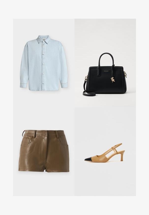 Lichtblauw denim overhemd met lange mouwen, kraag en zilveren drukknopen aan de voorkant.; Bruine faux leren shorts met een fitted ontwerp, tailleband met riemlussen, zijzakken en zichtbare stikdetails.; Beige slingbackhakken met een spitse zwarte neuskap, met uitgeholde zijkanten en een blokhak van gemiddelde hoogte. Glad leermateriaal.; Zwarte leren handtas met gestructureerd ontwerp, dubbele handvatten aan de bovenkant, afneembare schouderband, gouden hardware en een logo charm accent.