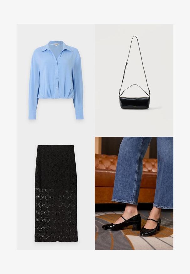 Blusa azul claro de manga larga con botones y cuello, con dobladillo fruncido, mostrada sobre un fondo blanco liso.; Falda lápiz de encaje negro con patrones florales y geométricos, mitad inferior translúcida, dobladillo recto, exhibida plana sobre fondo blanco.; Zapatos de charol negros con punta afilada, tacón cuadrado y correa en el tobillo, llevados con jeans de pierna ancha, sobre una alfombra estampada.; Bolso cruzado rectangular de cuero negro con correa de hombro ajustable, cremallera superior y pequeño logo dorado de Calvin Klein en el frente.