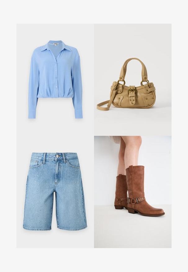 Lyseblå langærmet skjortebluse med knapper, krave og rynket kant, vist på en ensfarvet hvid baggrund.; Lyseblå denimshorts med små spredte sølvpynt, forreste knap- og lynlåslukning samt forlommer.; Brune læderankelstøvler med en let spids tå, dekorative spænder og en lav stablet hæl. Glat tekstur med en mat finish.; Beige læderhåndtaske med dobbelte håndtag, messing spænde og nitte detaljer samt en justerbar skulderrem mod en hvid baggrund.