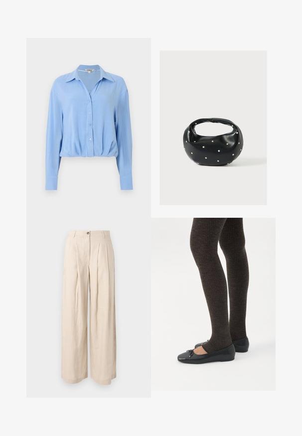 Blouse bleu clair à manches longues, boutonnée avec col et ourlet froncé, présentée sur un fond blanc uni.; Pantalon beige taille haute à jambes larges avec des plis à l'avant, passants pour ceinture et fermeture par bouton.; Jambes portant des leggings côtelés foncés associés à des ballerines noires avec de petits détails en nœud sur fond blanc.; Sac à main en cuir noir de forme arrondie, décoré de clous argentés et équipé d'une poignée courte. Texture lisse et fermeture éclair.