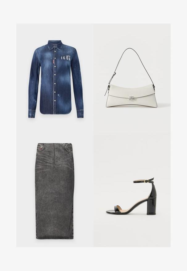 Dunkelblaue Jeanshemd mit Button-Down-Design, erhaltenem Ausfransen, ausgewaschenen Akzenten und weißem "ICON"-Text auf der Brust.; Grauer Denim-Midi-Rock mit vertikalen Nadelstreifen, hoher Taillenbund, Fünf-Taschen-Design und einem sauberen Saum.; Schwarze Lackleder-Sandalette mit hohem Absatz, Knöchelriemen und goldener Schnalle, offenem Zehenbereich und Blockabsatz auf weißem Hintergrund.; Weiße Lederschultertasche mit geschwungenem Überschlag, schwarzer Kante, verstellbarem Riemen und silberner dekorativer Schnalle auf schlichtem Hintergrund.