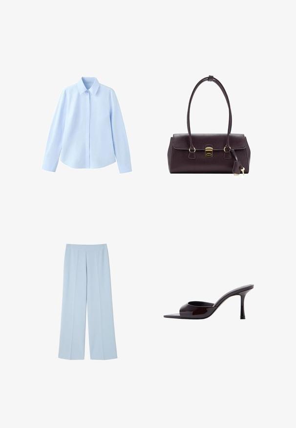 Chemise bleu clair à manches longues avec boutons sur le devant et col pointu, présentée sur fond blanc.; Pantalons wide-leg bleu clair en tissu lisse ; dotés d'un devant plat avec des plis pour la structure et sans fermetures visibles.; Mule en cuir verni noir à bout ouvert avec un talon stiletto fin de hauteur moyenne et une bride supérieure basse.; Sac à main en cuir violet foncé avec un design structuré, deux poignées, des accessoires dorés, un rabat plat avec un fermoir et un détail porte-clés.