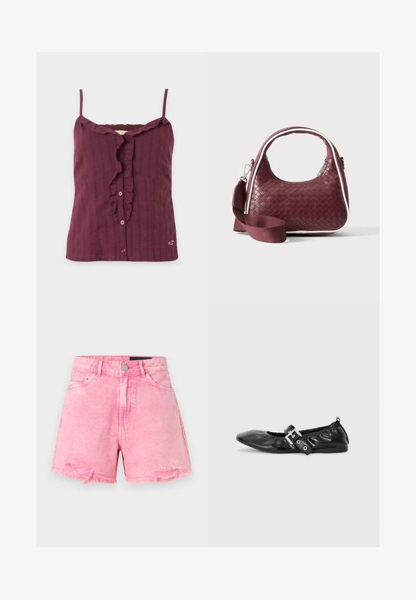 Haut sans manches bordeaux avec fines bretelles, fermeture à boutons devant, encolure et patte à volants, avec une texture subtile à rayures verticales.; Short en jean rose taille haute avec ourlets effilochés, fermeture avant par bouton et fermeture éclair, et légers détails usés près des poches.; Chaussure plate en cuir noir avec un nez pointu, des détails froncés autour de l'ouverture et un accent en boucle argentée sur la bride ajustable.; Sac à main en cuir tressé marron foncé avec poignée courbée, garniture blanche, fermeture éclair argentée et bandoulière large en tissu amovible sur fond uni.