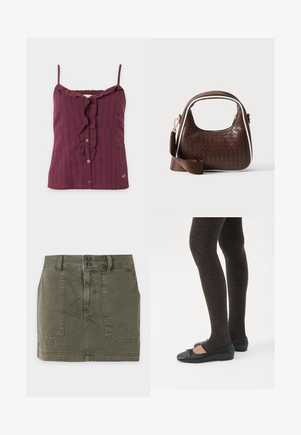 Haut sans manches bordeaux avec fines bretelles, fermeture à boutons devant, encolure et patte à volants, avec une texture subtile à rayures verticales.; Mini-jupe en denim vert olive avec deux poches avant, passants de ceinture et fermeture à double bouton à la taille.; Jambes portant des leggings côtelés foncés associés à des ballerines noires avec de petits détails en nœud sur fond blanc.; Sac à main en cuir tressé marron avec passepoil blanc, fermeture éclair dorée et bandoulière amovible en tissu marron.