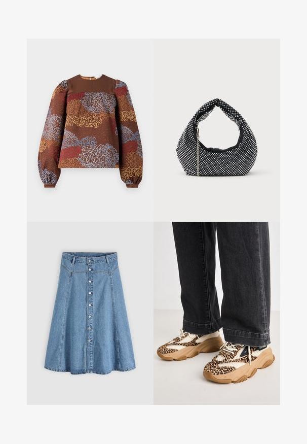 Brun langærmet bluse med et tekstureret blomsterdesign i blå, rød og guld. Ensfarvet brun yoke og bløde puffærmer.; Lyseblåt denim A-formet nederdel med hvide knapper foran og bæltestropper, vist mod en ensfarvet grå baggrund.; Sneakers med leopardprint og mesh- og læderpaneler, tan-gummisål og kontrasterende sorte accenter. Båret med løstsiddende mørke jeans.; Sort mesh håndtaske prydet med sølvnitter, udstyret med et buet håndtag og en kædetraspe. Blød tekstur med en rund form.