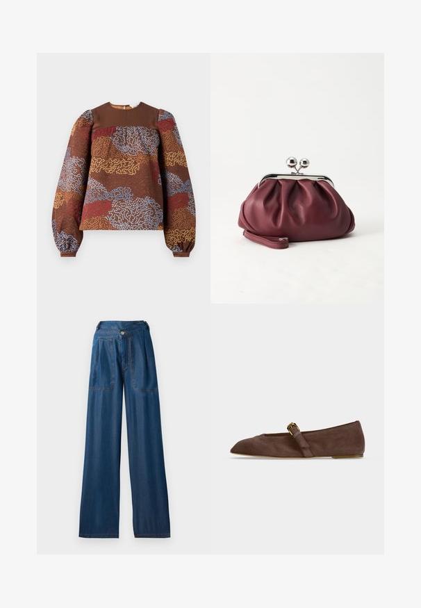Bruine blouse met lange mouwen, featuring een textuur met een bloemmotief in blauw, rood en goud. Effen bruine schouderstukken en geplooide pofmouwen.; Donkerblauwe wijde jeans van denim, met twee voorzakken, een knoopsluiting en contrasterende oranje stiksels.; Bruine suède platte schoen met spits toelopende neus en gouden gespsluiting aan de zijkant, afgebeeld in zijaanzicht tegen een witte achtergrond.; Kleine bordeauxrode leren clutch-portemonnee met zilverkleurige metalen sluiting en polsbandje op een witte achtergrond.