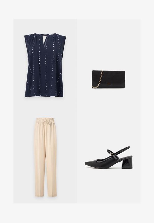 Navyblaues ärmelloses Oberteil mit V-Ausschnitt und Schlitzdetails, das weiße Punktmuster hat, die vertikal über den Stoff angeordnet sind.; Beige, leichte Hose mit elastischem Bund, Kordelzugdetails und geradem Beinanschnitt. Glatte Textur, minimalistischer Stil.; Schwarze Lackleder-Slingback-Absätze mit spitzer Zehenform, einem runden Ausschnitt-Design und einem Blockabsatz. Mit einem goldfarbenen Schnallenakzent.; Schwarze Clutch aus Wildleder mit strukturierter Oberfläche, ausgestattet mit einem goldenen Kettenriemen und einem eleganten, kantigen Design.