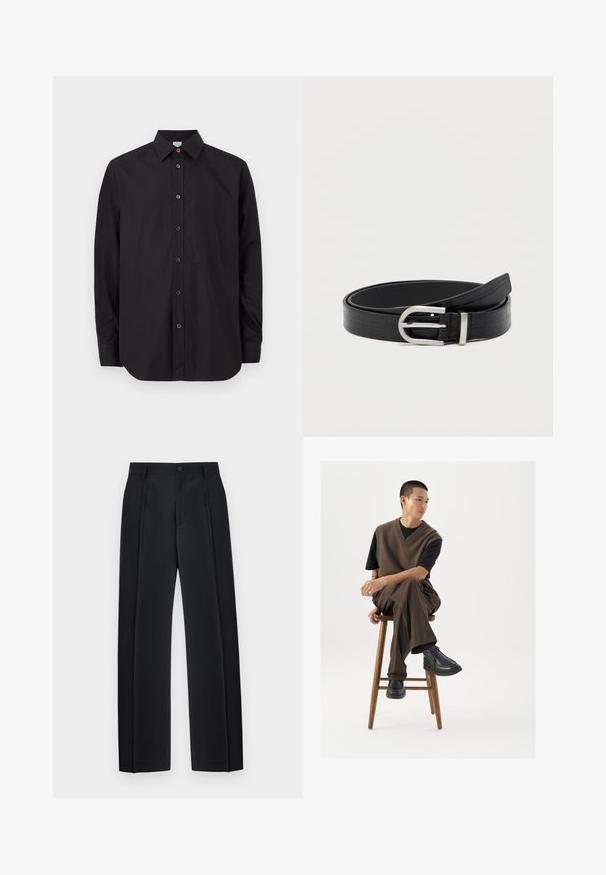 Zwart overhemd met lange mouwen, knoopsluiting en een standaardkraag, met een contrasterende bruine bovenste knoop, weergegeven op een lichte achtergrond.; Zwarte, op maat gemaakte broek met rechte pijpen, voorplooien, riemlussen en een knoopsluiting in de tailleband.; Bruin gebreid vest over een zwart t-shirt, gecombineerd met bruine wijde broek en zwarte chunky schoenen, zittend op een houten kruk.; Zwarte faux leren riem met krokodillenstructuur en een ronde zilveren gesp, opgerold op een effen witte achtergrond.