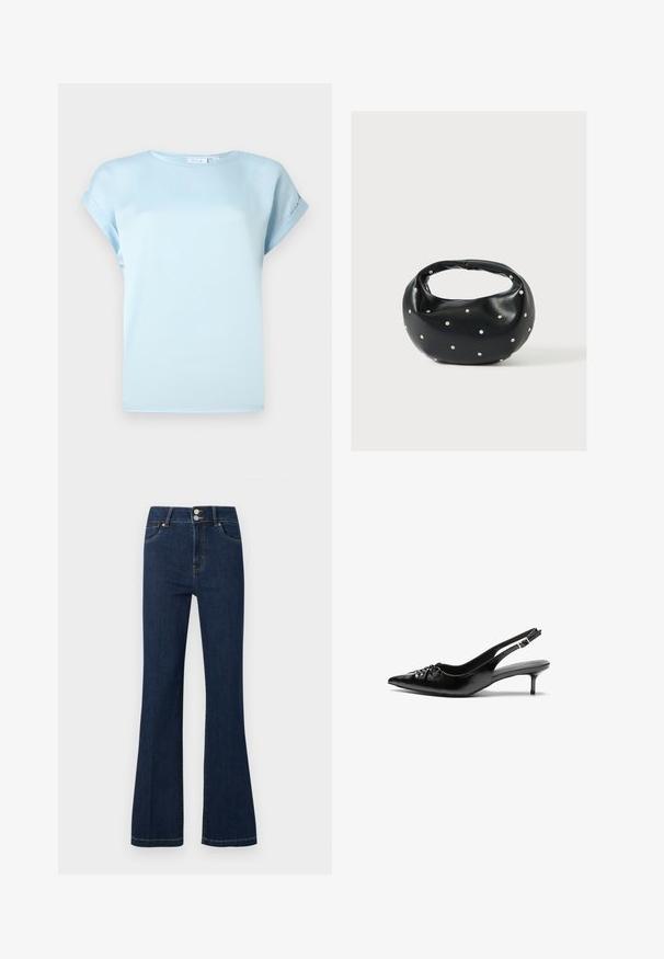 Lyseblå kortærmet bluse med opfoldede ærmer og rund halsudskæring, vist på en ensfarvet hvid baggrund.; Mørkeblå denimjeans med høj talje, dobbelt knaplukning, forlommer og let udvidede ben.; Sorte læder slingback-pumps med spids tå, lav kitten-hæl og rynket detalje på overdelen. Glat tekstur og minimalistisk design.; Sort læderhåndtaske med en rundet form, dekoreret med sølvnitter, og et kort håndtag. Glat tekstur og lynlåslukning.