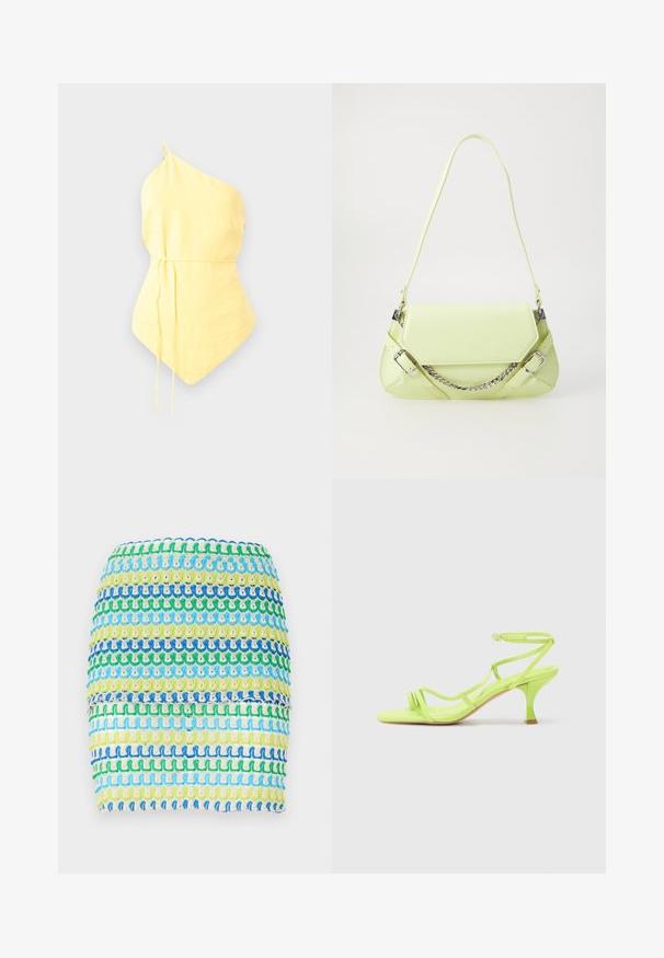 En ensidet gul top lavet af letvægtsstof, med en indsnøret talje med justerbare bindebånd og en spids kant. Glat tekstur.; Tekstil mini skirt med horisontale striber i blå, grøn og gul. Designet har et tekstureret, vævet udseende med et lagdelt effekt.; Neon grøn højhælede sandal med firkantet tå, tynde stropper, ankelspænde og buet hæl. Glat materiale med en blank finish.; Limegrøn syntetisk håndtaske med en glat overflade, en aftagelig kædestrop og dekorative spænder; rektangulær form med indsnævrede sider.