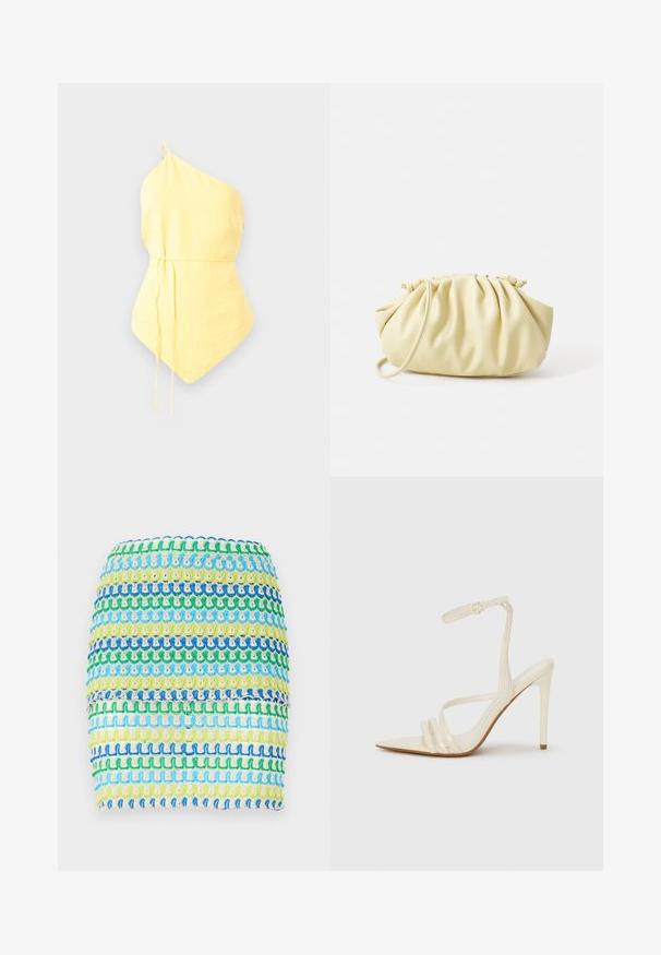 En ensidet gul top lavet af letvægtsstof, med en indsnøret talje med justerbare bindebånd og en spids kant. Glat tekstur.; Tekstil mini skirt med horisontale striber i blå, grøn og gul. Designet har et tekstureret, vævet udseende med et lagdelt effekt.; Beige sandaler med høje hæle og spids tå, med tre stropper foran og en tynd ankelrem med spænde. Glat tekstur, minimalistisk design.; Gul plisseret håndtaske lavet af glat kunstlæder, med en blød form, en enkelt skulderrem og samlet topdesign.