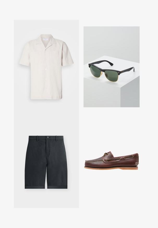 Korte mouwen, lichtbeige shirt met een gestructureerde stof, met een inkeping in de kraag en twee borstzakken, voorzien van een knopen sluiting aan de voorkant.; Zwarte knielange shorts met omgeslagen zomen, knoopsluiting, riemlussen en een vlak voorkant ontwerp op een effen witte achtergrond.; Bruine leren bootschoen met witte stiksels, veterdetails en beige rubberen zool, zijaanzicht op een witte achtergrond.; Ray-Ban zonnebrillen met groene lenzen, zwarte plastic monturen en gouden accenten aan de randen. Vierkante vorm met een matte afwerking.