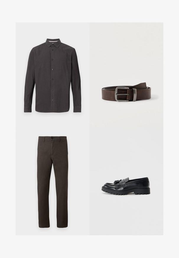 Langärmliges Hemd mit Knöpfen im dunklen Karomuster. Verfügt über einen klassischen Kragen, eine Brusttasche und schwarze Knöpfe. Hergestellt aus leichtem Stoff.; Braune Hose aus einem strukturierten Stoff, mit geradem Bein, einem einzigen Knopfverschluss und minimalistischem Stil.; Schwarze Lederloafers mit glanzendem Finish, klobiger Gummisohle und dekorativem Quastendetail auf der Vorderseite.; Dunkelbrauner Leder-Gürtel mit silberner rechteckiger Schnalle, aufgerollt und gegen einen hellen neutralen Hintergrund platziert.