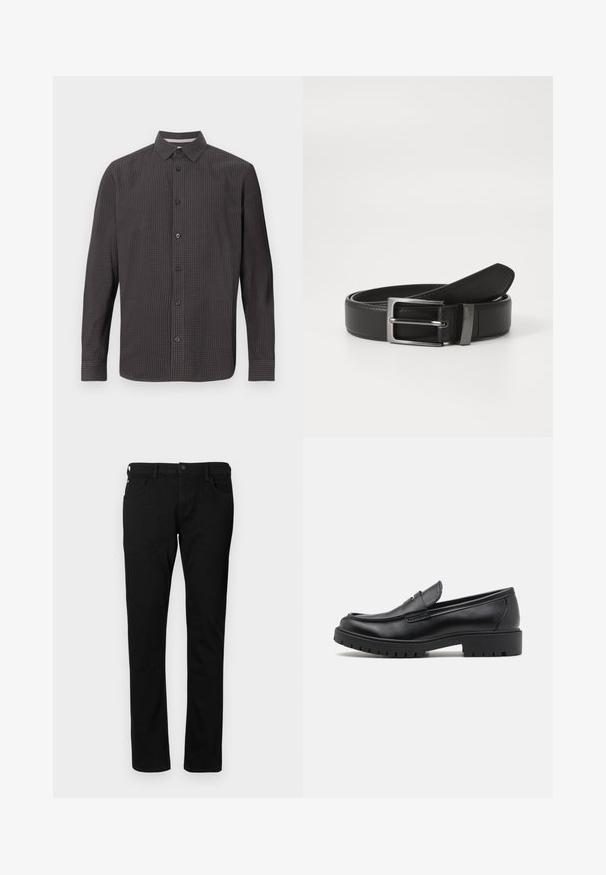Langærmet skjorte med knapper i mørkt ternet mønster. Har en klassisk krave, brystlomme og sorte knapper. Lavet af letvægtsstof.; Sorte denim jeans med en slim fit, der har forlommer, bæltestropper og en knaplukning. Glat tekstur med en ensfarvet overflade.; Sorte læder loafers med rund tå, slip-on design og tyk gummisål med tekstureret greb. Forhøjet hæl og subtile syninger.; Sort læderbælte med en sølvmetal spænde, der har en glat overflade og et klassisk design. Bæltet er pænt foldet.