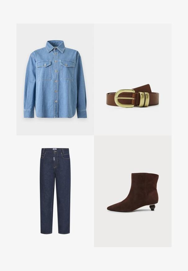 Camisa de mezclilla azul claro de manga larga con cierre de botones en la parte delantera, cuello puntiagudo y dos bolsillos en el pecho con solapa y botón sobre fondo blanco.; Jeans de mezclilla azul oscuro con corte recto, con costuras naranjas, bolsillos frontales y cierre de botón. Tejido duradero con una textura suave.; Botín de ante marrón oscuro con puntera puntiaguda y tacón bajo redondo decorativo sobre fondo liso y claro.; Cinturón de cuero marrón con una hebilla de doble gancho en tono dorado y dos bandas decorativas. Textura suave, diseño sencillo.