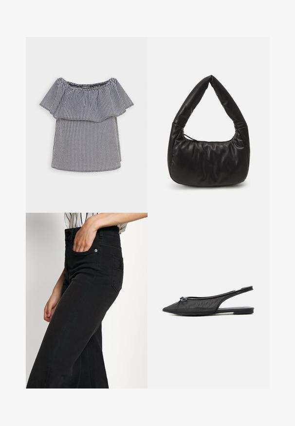 Top off-the-shoulder en patrón de cuadros en blanco y negro, con un escote con volantes y mangas cortas. Fabricado con tejido ligero.; Vaqueros de mezclilla negra de pierna ancha con cintura alta, bolsillo delantero y bolsillo parche trasero. Textura suave con detalles mínimos de costura.; Zapato plano negro con talón de malla, punta puntiaguda y pequeño lazo en la parte superior, exhibido sobre un fondo blanco.; Bolso de hombro de cuero negro con un diseño holgado, que presenta un asa anudada distintiva y un cierre con cremallera. Textura suave en toda la superficie.