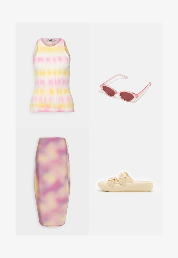 Colourful Rebel SACHI TIE DYE RIB TANKTOP - Top - bright orange; Envii ENWATERMELON MIDI SKIRT - Tubenederdele - solar; Beige slip-on sandal med tekstureret overdel, justerbare spænder og en tyk, polstret sål. Letvægtsdesign velegnet til afslappet brug.; Lyserøde transparente solbriller med ovale linser, mørkerød toning og slanke stænger, der har en glat overflade og diskret detaljering på rammen.