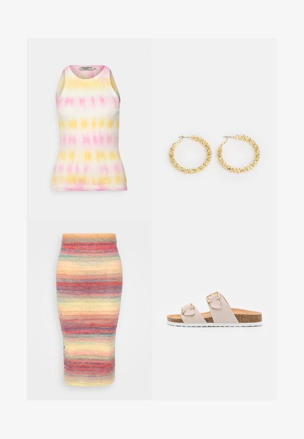 Colourful Rebel SACHI TIE DYE RIB TANKTOP - Top - bright orange; Envii ENTOPO SKIRT - Pencil skirt - multicoloured; Beige slidesandaler med to justerbare stropper og guldfarvede spænder. Korksål med en struktureret hvid gummisål.; Guldøreringe med en struktureret overflade og små, rundede detaljer. Cirkulært design og stiftbaglukning.