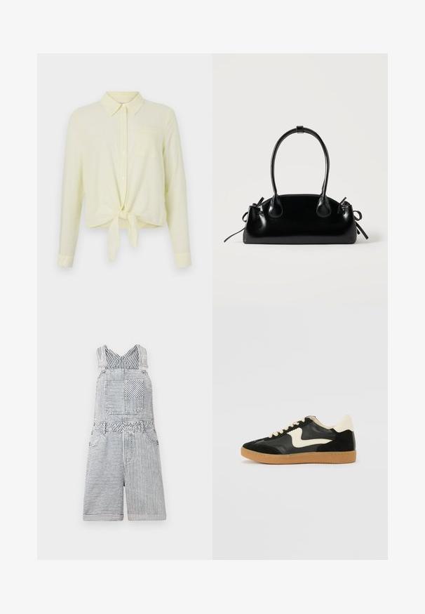 Helles gelbes Langarmhemd mit einem Knopfkragen, Brusttasche und geknotet am Saum. Hergestellt aus einem strukturierten Stoff mit feinen Streifen.; Gestreifte Denim-Latzhose mit einer quadratischen Tasche, verstellbaren Trägern und einem weiten Ausschnitt. Verfügt über eine lockere Passform und eine Länge bis zur Shorts.; Schwarze Wildleder- und Leder-Sneaker mit einem cremefarbenen Seiten-Swoosh und einer hellcremefarbenen Ferse. Ausgestattet mit beige Schnürsenkeln und einer Gummilaufsohle.; Kleine schwarze glänzende Handtasche mit zwei langen Griffen und seitlichen Kordelzug-Details vor einfachem hellem Hintergrund.