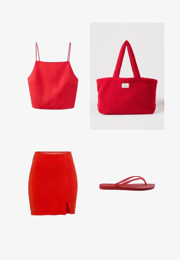 Rød crop top med tynde dobbelte spaghetti stropper og en lige halsudskæring, lavet af et glat stof.; Rød strikket nederdel med en tætsiddende pasform, der har en sideslids og en kant, der sidder lige over midt-lår. Glat tekstur, enkel konstruktion.; Rød gummi flip-flop med tekstureret sål og slanke, blanke remme mod en hvid baggrund.; Lyse rød tekstureret mulepose med to håndtag og lille hvid rektangulær etiket foran mod en ensfarvet baggrund.