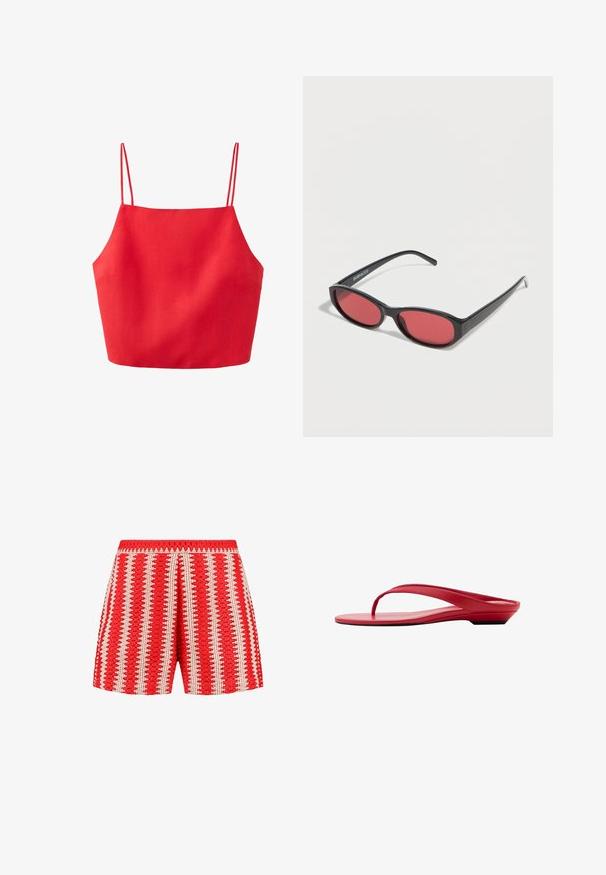 Rotes bauchfreies Tanktop mit dünnen doppelten Spaghettiträgern und geradem Ausschnitt aus glattem Stoff.; Rote Shorts aus strukturiertem Stoff mit weißen vertikalen Streifen und einem gewellten Muster. Elastischer Bund und lockerer Schnitt.; Rote Sandale mit niedrigem Absatz, dünnem Riemen und flacher Sohle, seitlich auf weißem Hintergrund gezeigt.; Schwarze ovale Sonnenbrille mit schlanken Bügeln und rot getönten Gläsern, die auf einer weißen Oberfläche liegt.
