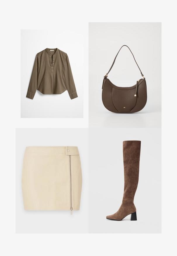 Brun langærmet casual bluse med mandarin-krave, frontplisse og let buet kant, lagt fladt på en hvid baggrund.; Beige lædernederdel i minilængde med tætsiddende design, udstyret med lynlås og knaplukning i siden. Glat tekstur med syningsdetaljer.; Brune støvler over knæet lavet af blødt ruskind med spids tå og en kraftig sort hæl. Designet har sømløs syning for et elegant udseende.; Brun læder skuldertaske med en buet form, prydet med en lille detalje i guld og en tekstureret overflade, og med lynlåslukning.