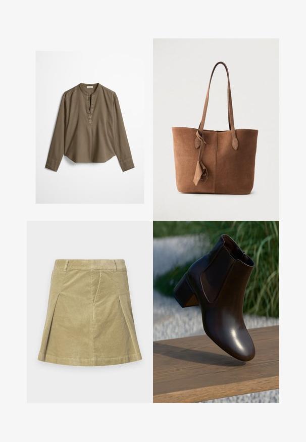Bruine casual blouse met lange mouwen, mandarijnkraag, plooitje aan de voorkant en licht gebogen zoom, plat uitgestald op een witte achtergrond.; Katoenen rok in licht olijfgroen met verticale ribbeltextuur, met een uitlopende vorm en twee zijsplitten voor bewegingsvrijheid.; Bruine leren enkelboot met een ronde neus en een lage blokhak, voorzien van elastische zijpanelen en een gladde, glanzende afwerking.; Bruine suède totebag met twee schouderbanden, een eenvoudig ontwerp en een zijflammendetail. Gladde textuur en gestructureerde vorm.