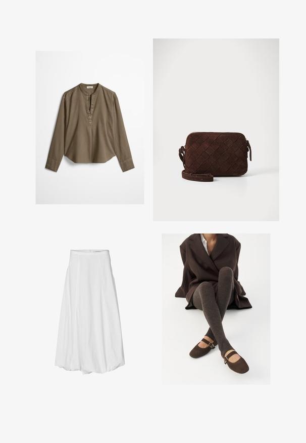 Bruine casual blouse met lange mouwen, mandarijnkraag, plooitje aan de voorkant en licht gebogen zoom, plat uitgestald op een witte achtergrond.; Witte knie-lange rok van soepel katoen, met plooien, een aansluitende tailleband en een ritssluiting aan de achterkant.; Bruine geribbelde kniekousen gecombineerd met bruine suède Mary Jane-flats met een decoratieve strap en gesp, gedragen met een donkere jas.; Bruine suède schoudertas met een geweven ontwerp, ritssluiting en een verstelbare schouderband. Heeft een slanke, rechthoekige vorm.