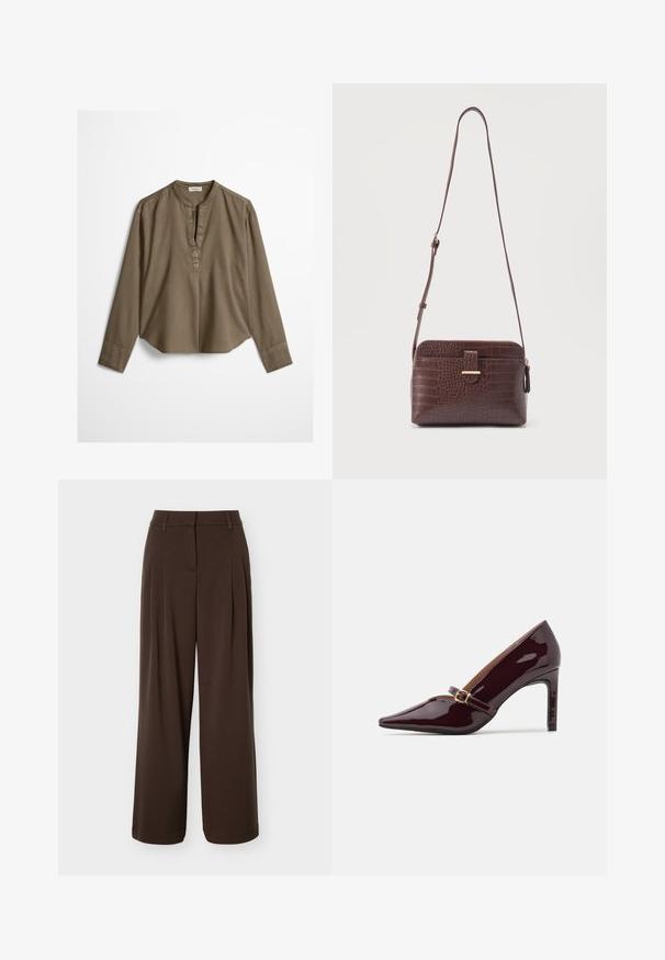 Blouse décontractée marron à manches longues avec col mandarin, pli à l'avant et ourlet légèrement arrondi, étalée à plat sur un fond blanc.; Pantalon large marron foncé avec plis à l'avant, passants de ceinture et fermeture éclair avant cachée.; Chaussure à talon aiguille bordeaux en patent avec un embout pointu, une bride de cheville comportant des accents en métal doré, et une finition lisse et brillante. Talon stiletto surélevé.; Sac bandoulière en cuir embossé façon croco marron avec sangle réglable et poche avant à rabat sur fond uni.