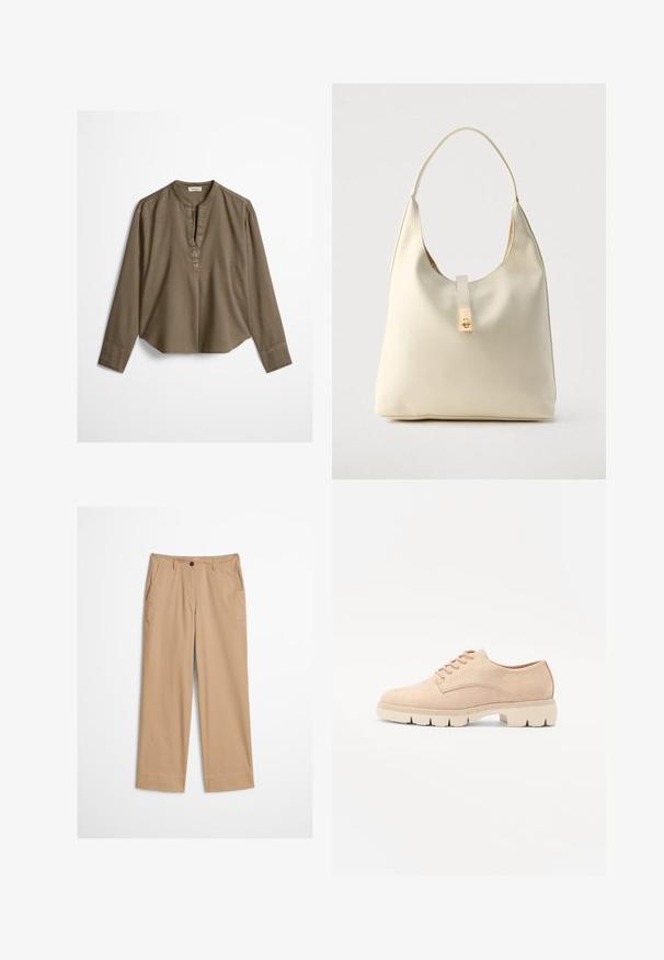Brun langærmet casual bluse med mandarin-krave, frontplisse og let buet kant, lagt fladt på en hvid baggrund.; Beige bomuldsbukser med lige ben, knaplukning foran og en glat tekstur. Har standard bærestropper og flad frontdesign.; Beige ruskind snørebåndssko med rund tå, tekstureret overdel og en kraftig, cremefarvet gummisål med udtalt mønster for godt greb.; Hobo-taske i cremefarvet læder med en enkelt skulderrem, glat tekstur og et guldfarvet spænde foran.