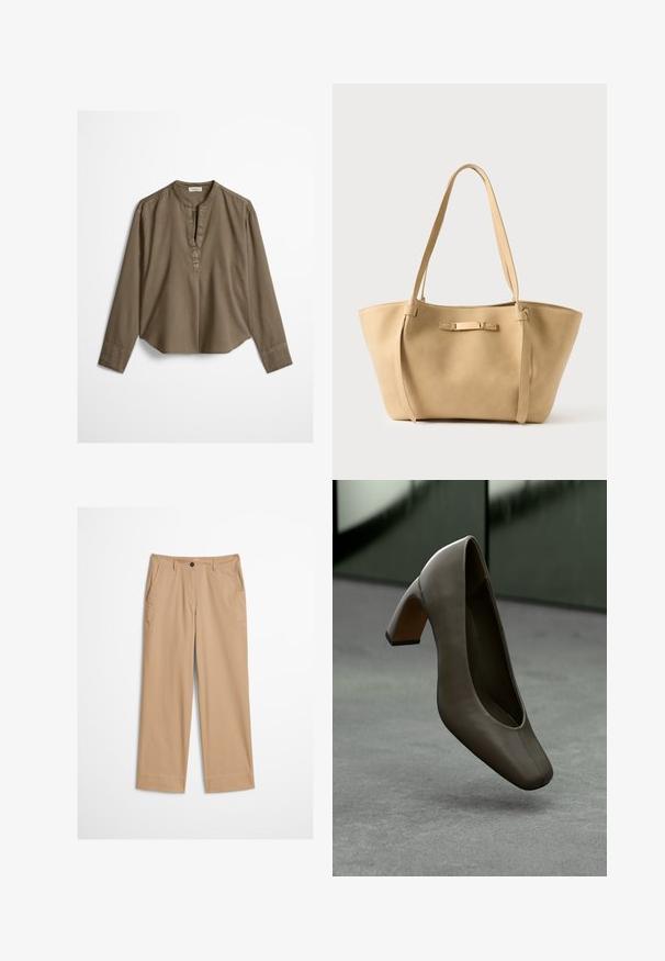 Brun langærmet casual bluse med mandarin-krave, frontplisse og let buet kant, lagt fladt på en hvid baggrund.; Beige bomuldsbukser med lige ben, knaplukning foran og en glat tekstur. Har standard bærestropper og flad frontdesign.; Mørke olivengrøn lædersko med høj hæl, firkantet tå og blokhæl, svævende over et gråt betongulv med en sløret grøn baggrund.; Beige lædernettaske med to lange stropper, glat tekstur og en diskret metalaccent på forsiden. Åben topdesign, rummeligt indre.