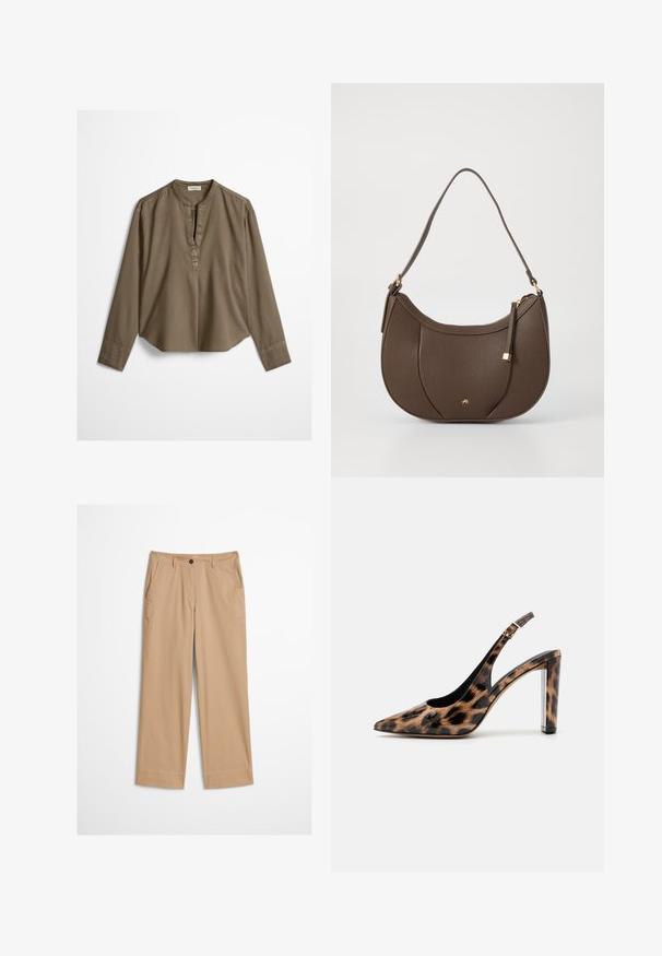 Brun langærmet casual bluse med mandarin-krave, frontplisse og let buet kant, lagt fladt på en hvid baggrund.; Beige bomuldsbukser med lige ben, knaplukning foran og en glat tekstur. Har standard bærestropper og flad frontdesign.; Sandalet med leopardprint, spids tå og gennemsigtig blokhæl. Lavet af blankt materiale med en glat overflade.; Brun læder skuldertaske med en buet form, prydet med en lille detalje i guld og en tekstureret overflade, og med lynlåslukning.