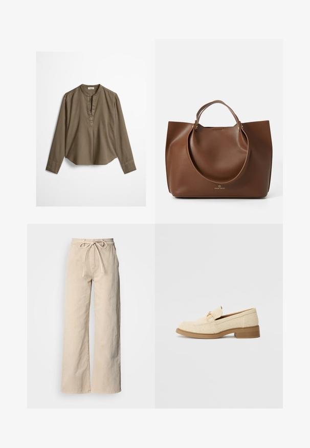 Blouse décontractée marron à manches longues avec col mandarin, pli à l'avant et ourlet légèrement arrondi, étalée à plat sur un fond blanc.; Pantalon large beige en coton, doté d'une taille à cordon, d'une texture lisse et de détails de couture simples.; Mocassins en textile beige avec un petit talon bloc, présentant un design cousu et un accent décoratif en métal doré sur le dessus.; Sac fourre-tout en cuir brun avec une texture lisse, de grandes poignées circulaires, présentant un design minimaliste et un logo embossé à la base.