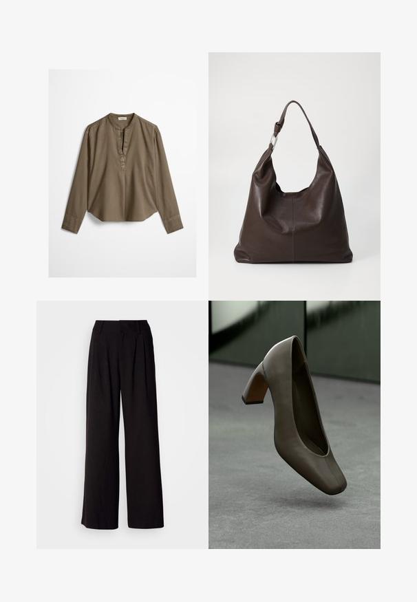 Blouse décontractée marron à manches longues avec col mandarin, pli à l'avant et ourlet légèrement arrondi, étalée à plat sur un fond blanc.; Pantalon large noir en tissu lisse, avec des plis à l'avant, une taille ajustée, et sans motifs ni accents visibles.; Chaussure à talon haut en cuir vert olive foncé avec un bout carré et un talon bloc, flottant au-dessus d'un sol en béton gris avec un arrière-plan vert flou.; Zign by Zalando LEATHER - Cabas - chocolate brown